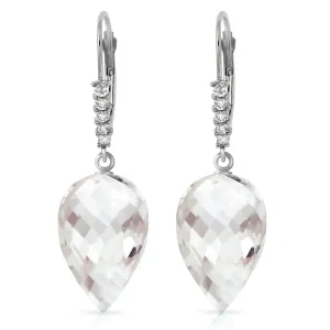 24.65 Carat 14K Solid White Gold Drop Briolette White Topaz Diamond Earrings