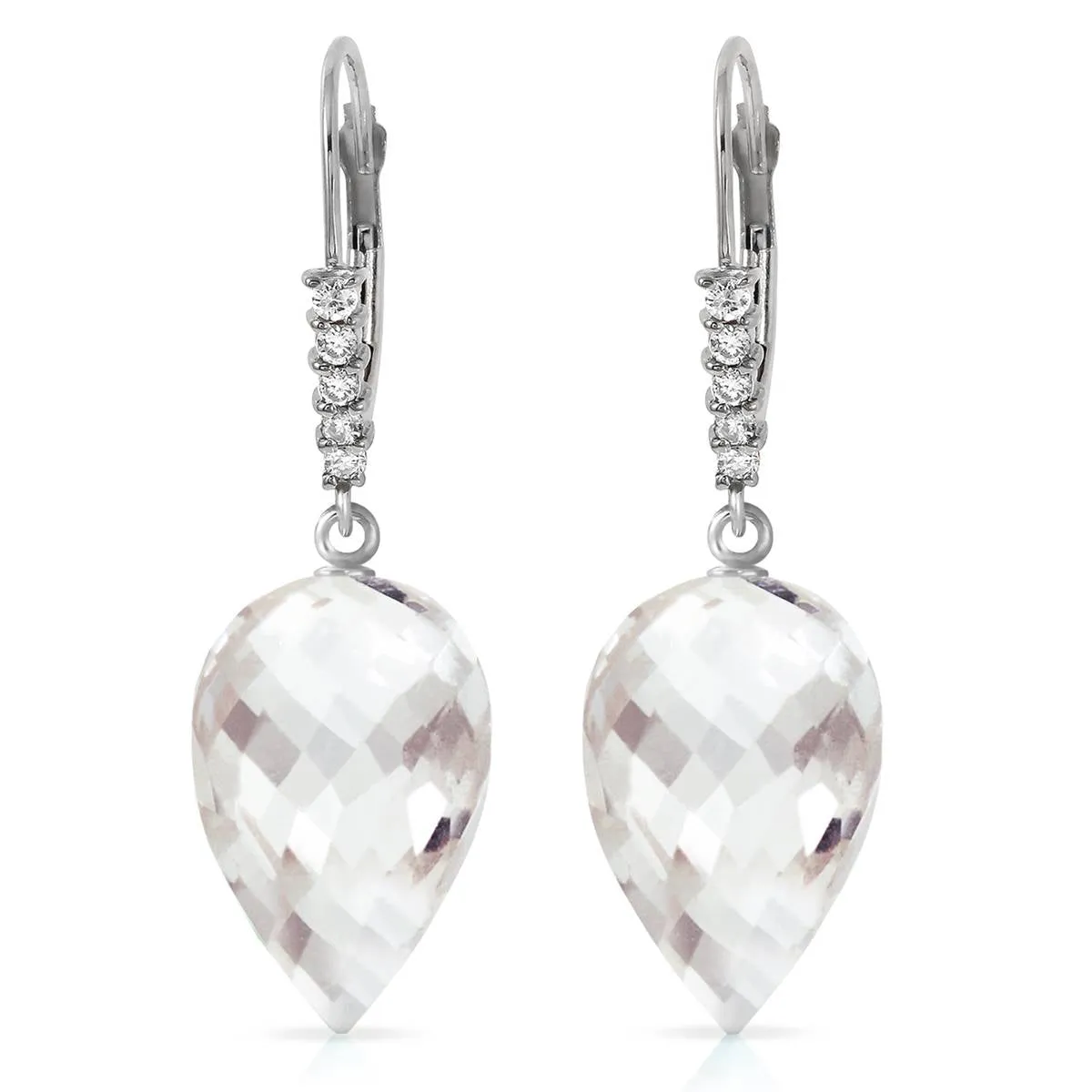 24.65 Carat 14K Solid White Gold Drop Briolette White Topaz Diamond Earrings