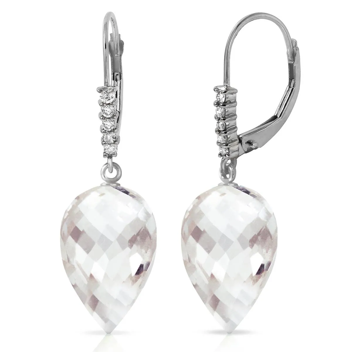 24.65 Carat 14K Solid White Gold Drop Briolette White Topaz Diamond Earrings