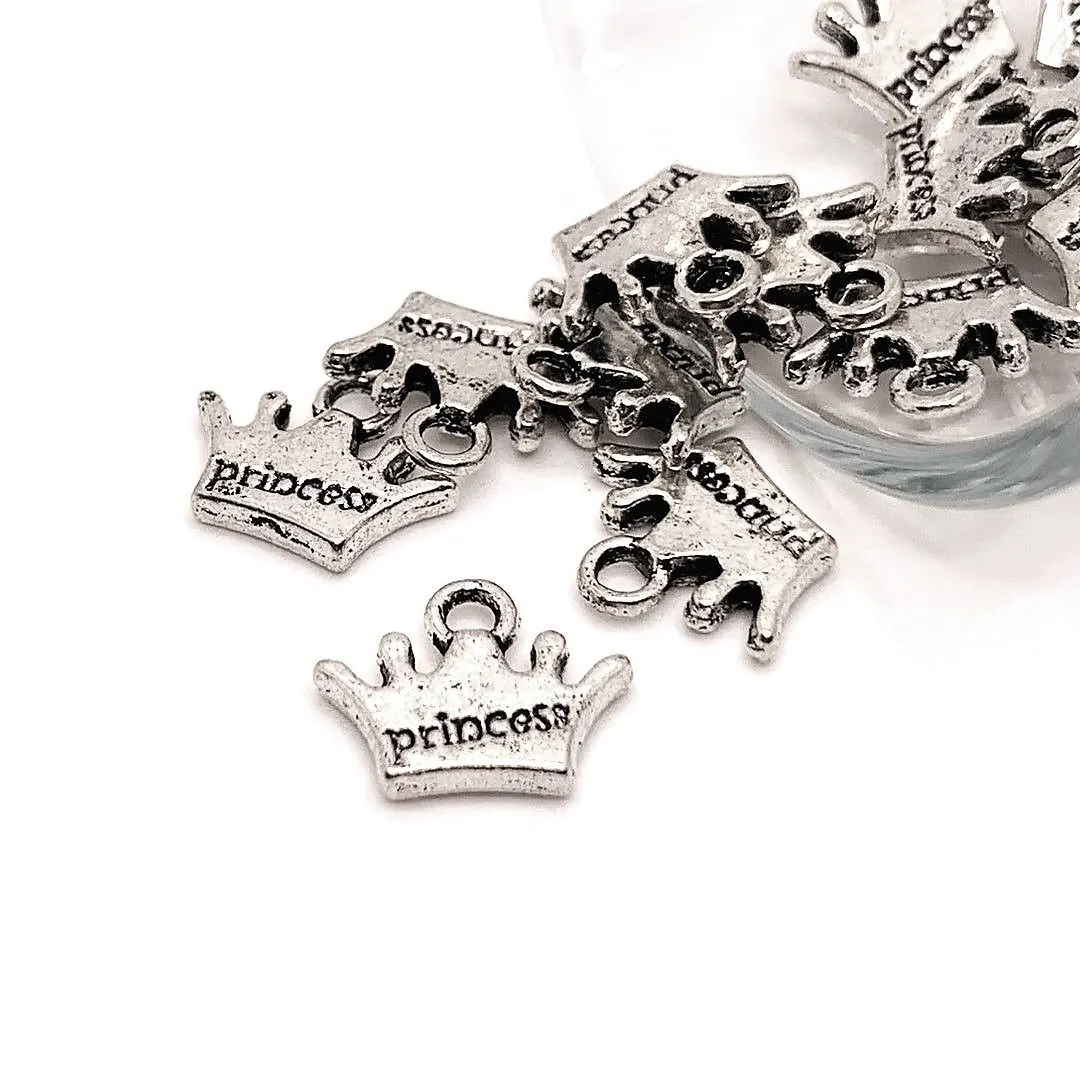 4, 20 or 50 Pieces: Antique Silver Princess Crown Charms - Double Sided