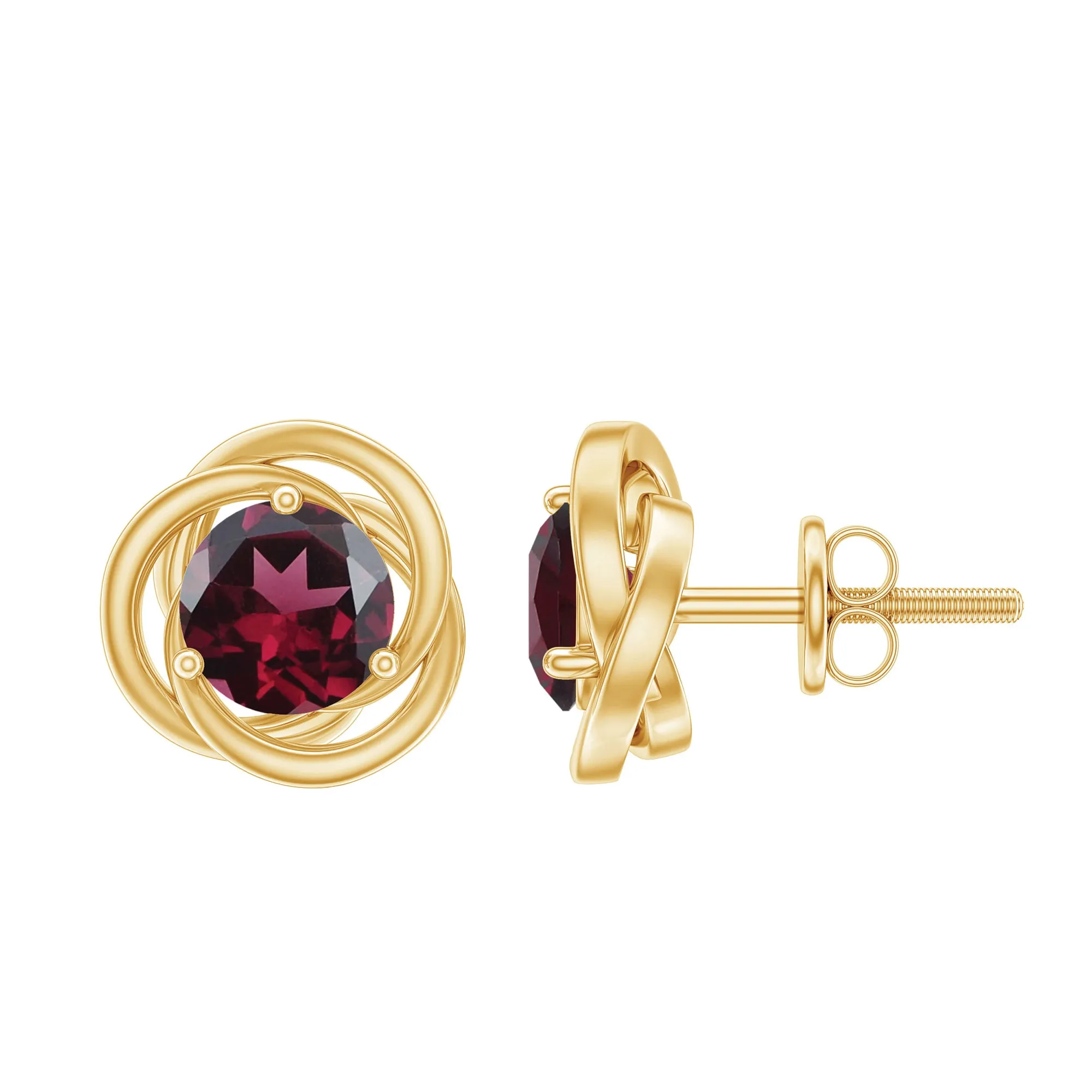 5 MM Rhodolite Solitaire and Gold Swirl Stud Earrings