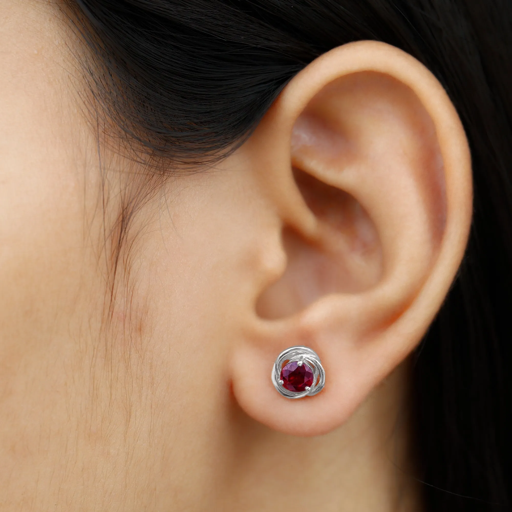 5 MM Rhodolite Solitaire and Gold Swirl Stud Earrings