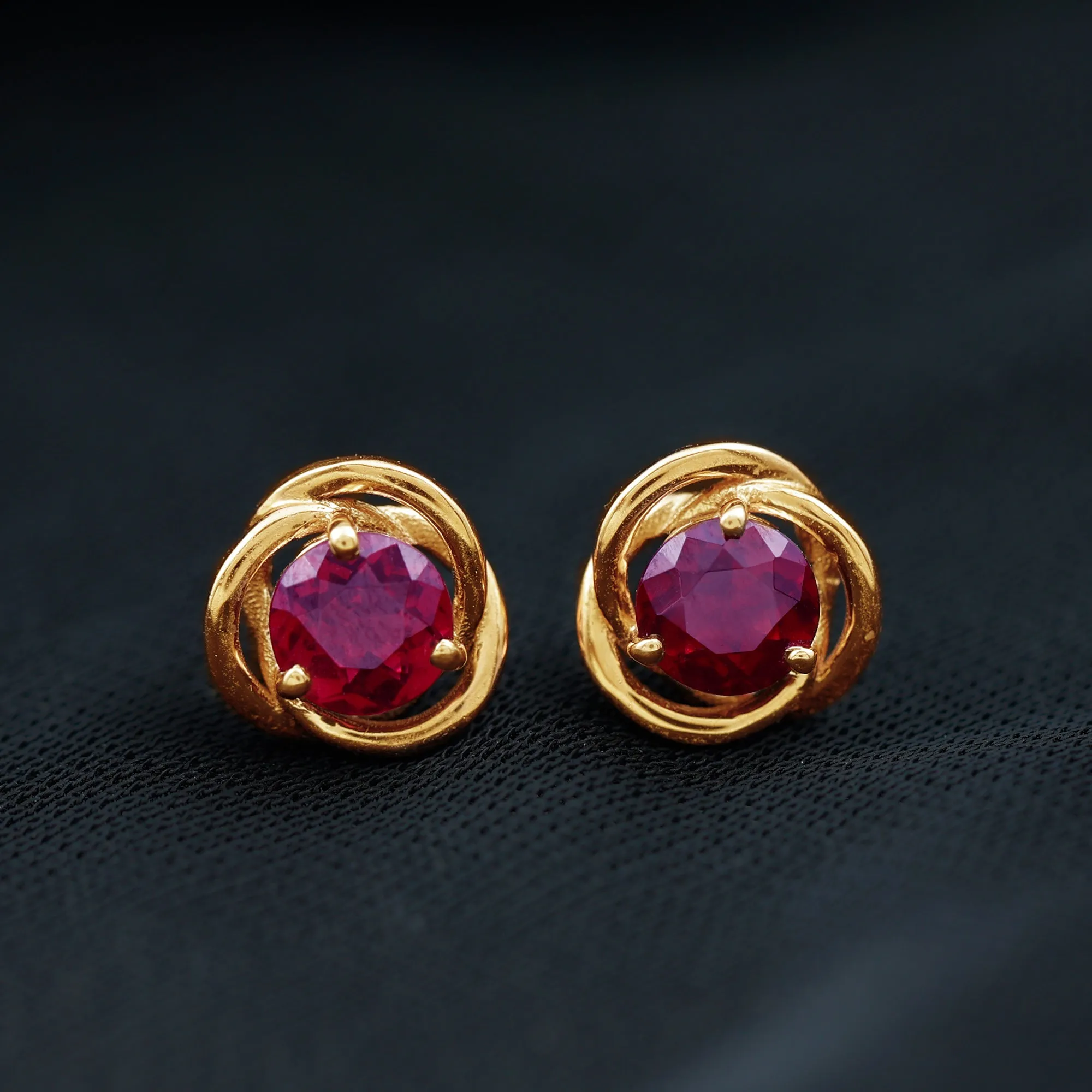 5 MM Rhodolite Solitaire and Gold Swirl Stud Earrings