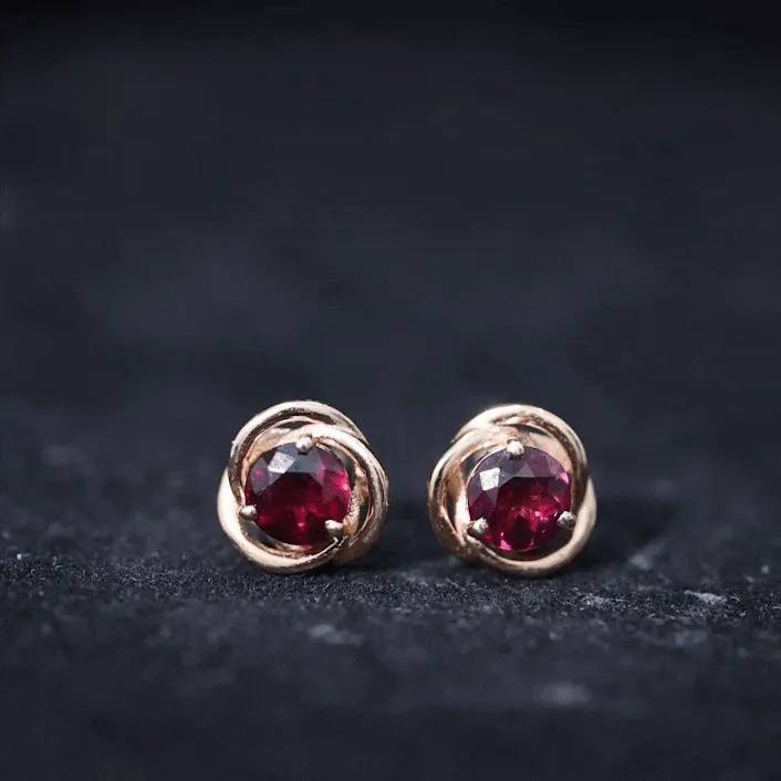 5 MM Rhodolite Solitaire and Gold Swirl Stud Earrings