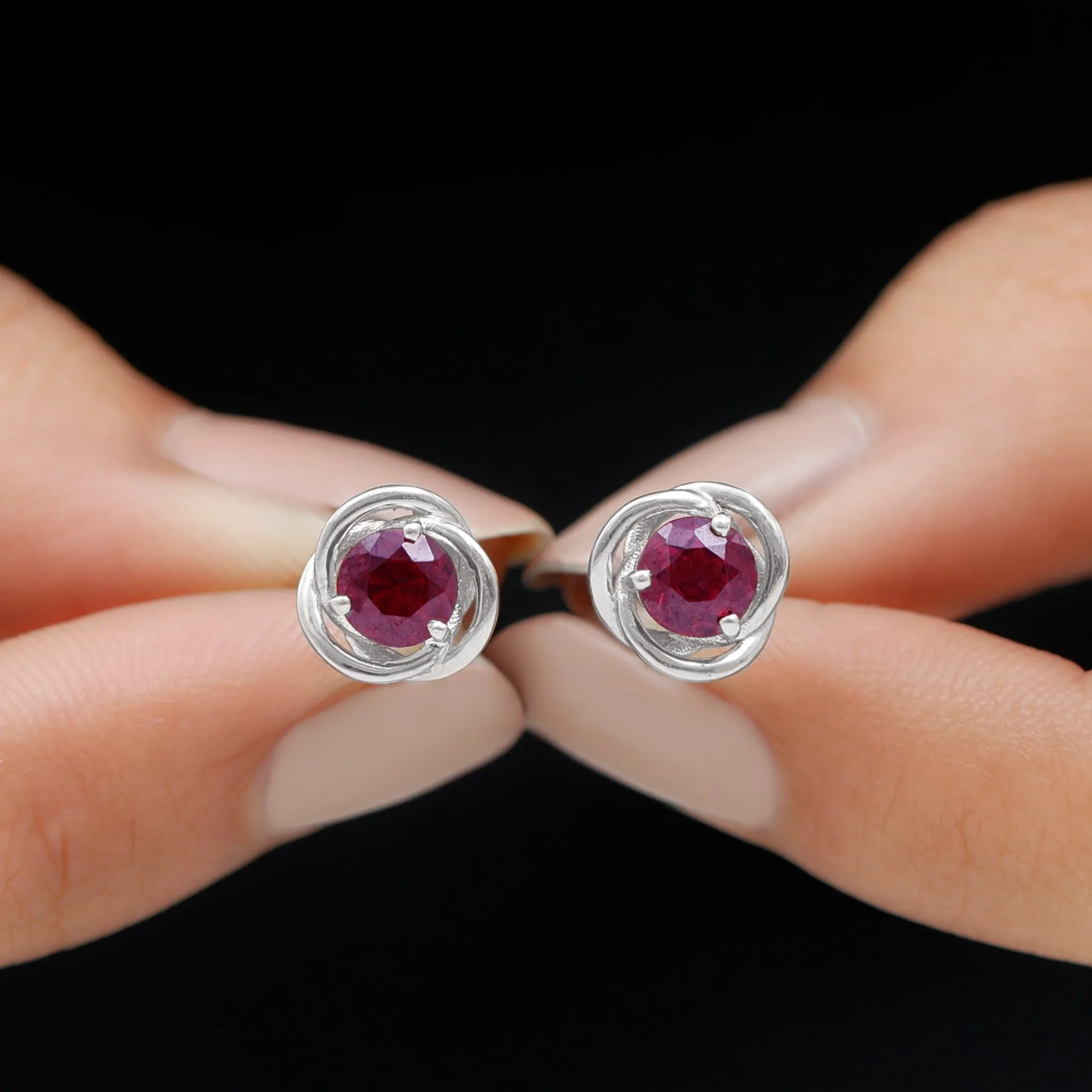 5 MM Rhodolite Solitaire and Gold Swirl Stud Earrings