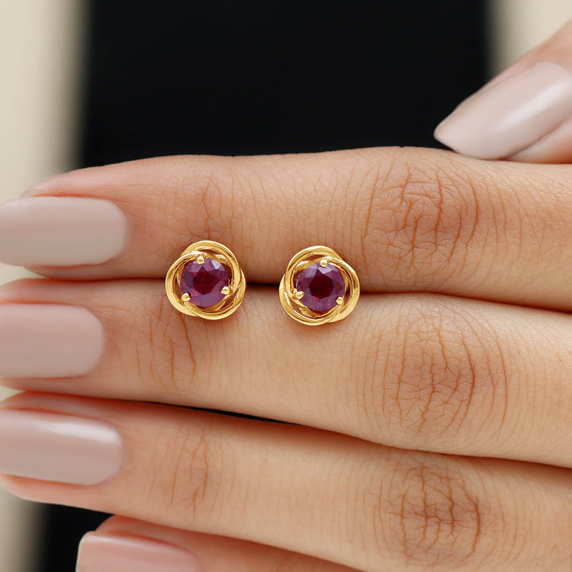 5 MM Rhodolite Solitaire and Gold Swirl Stud Earrings