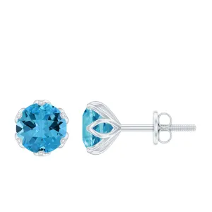 6 MM Swiss Blue Topaz Solitaire Stud Earrings in Lotus Basket Setting