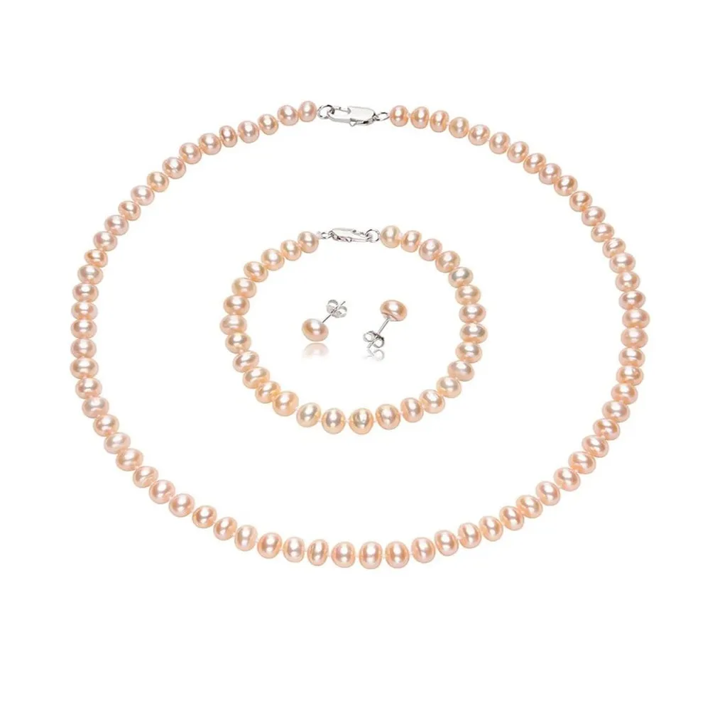 7mm A Grade Pink Freshwater Pearl Necklace, Bracelet and Earrings set for Women