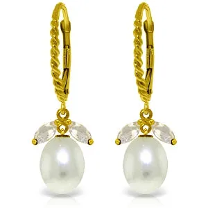 9 Carat 14K Solid Yellow Gold Leverback Earrings White Topaz Pearl