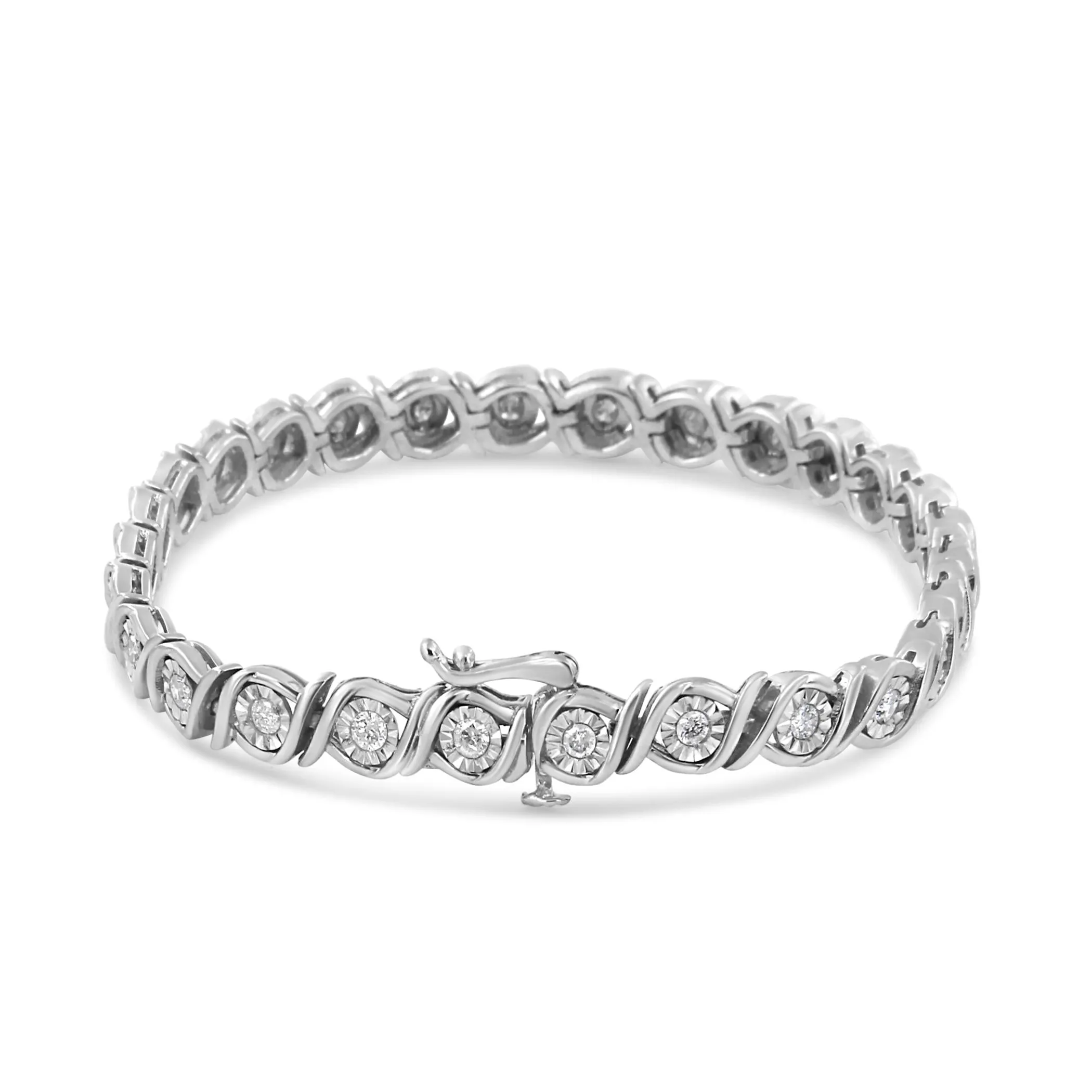 .925 Sterling Silver 1.0 Cttw Round Diamond Miracle Plate and "S" Link Tennis Bracelet (I-J Color, I3 Clarity) - 7"