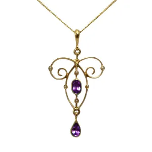 9ct Gold Amethyst & Pearl Drop Pendant