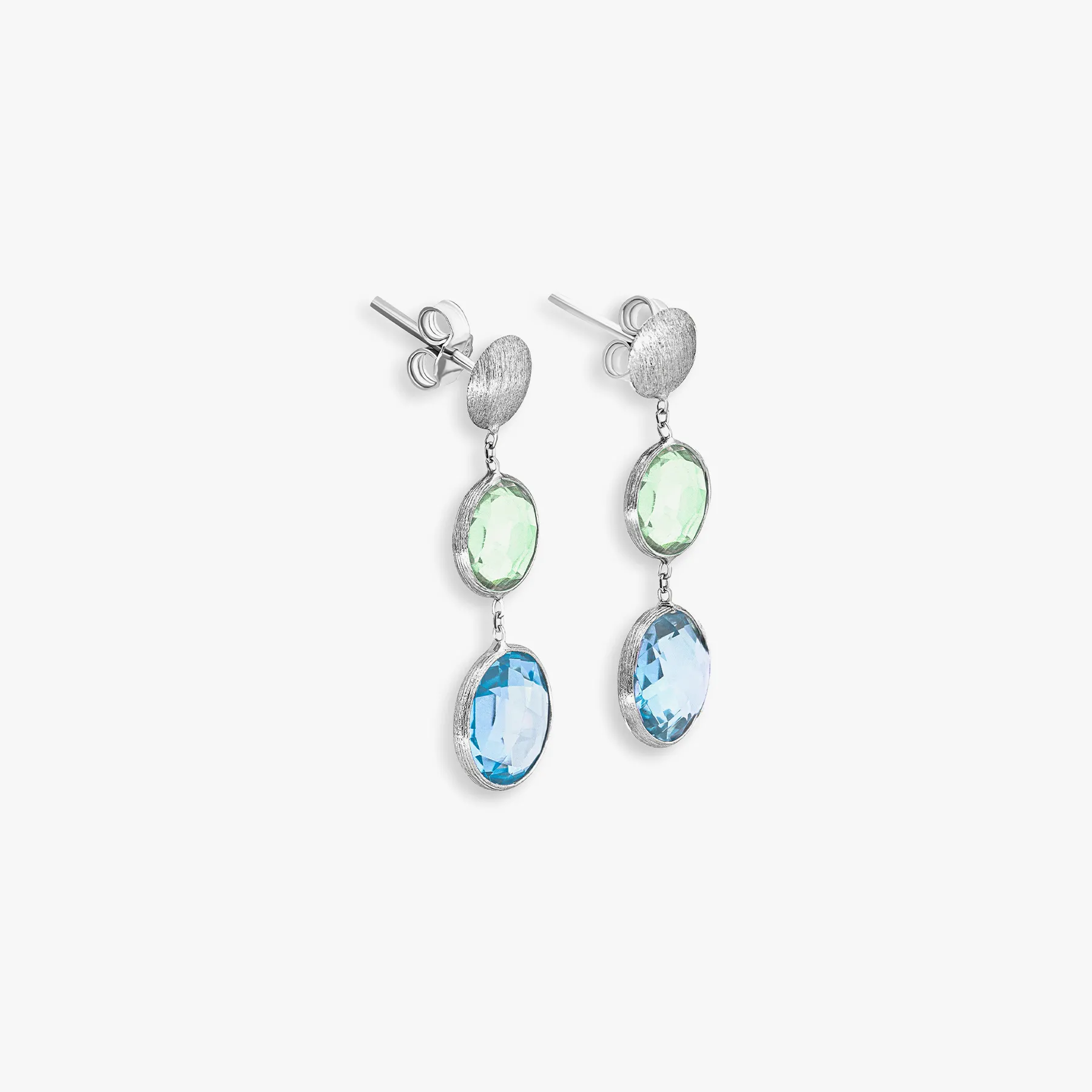 9K satin white gold Kensington drop earrings with topaz and green amethyst