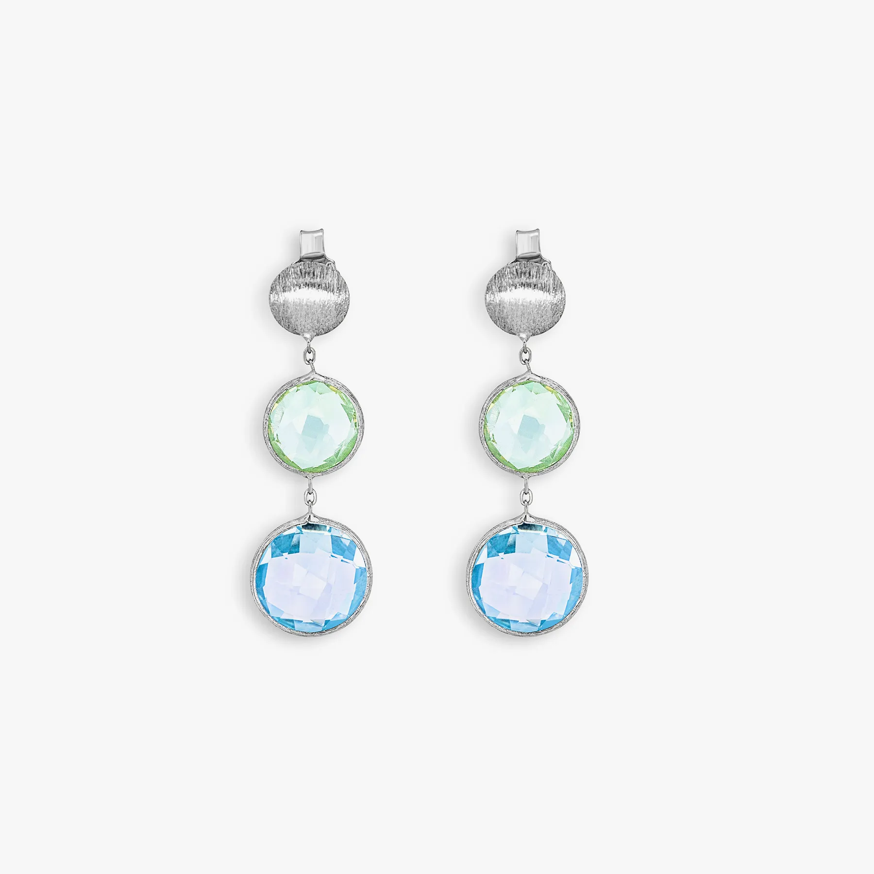 9K satin white gold Kensington drop earrings with topaz and green amethyst