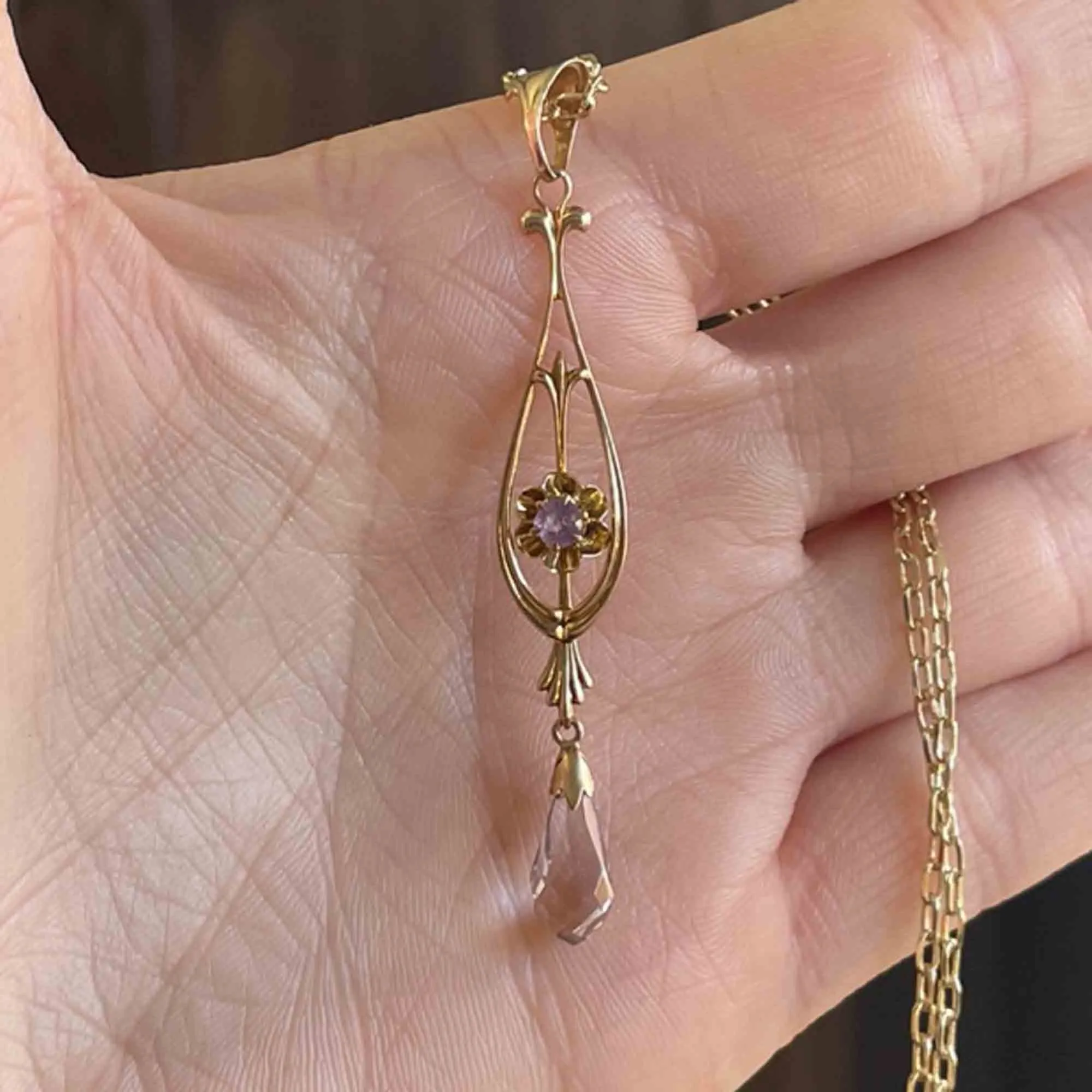 Antique 10K Gold Amethyst Lavalier Necklace