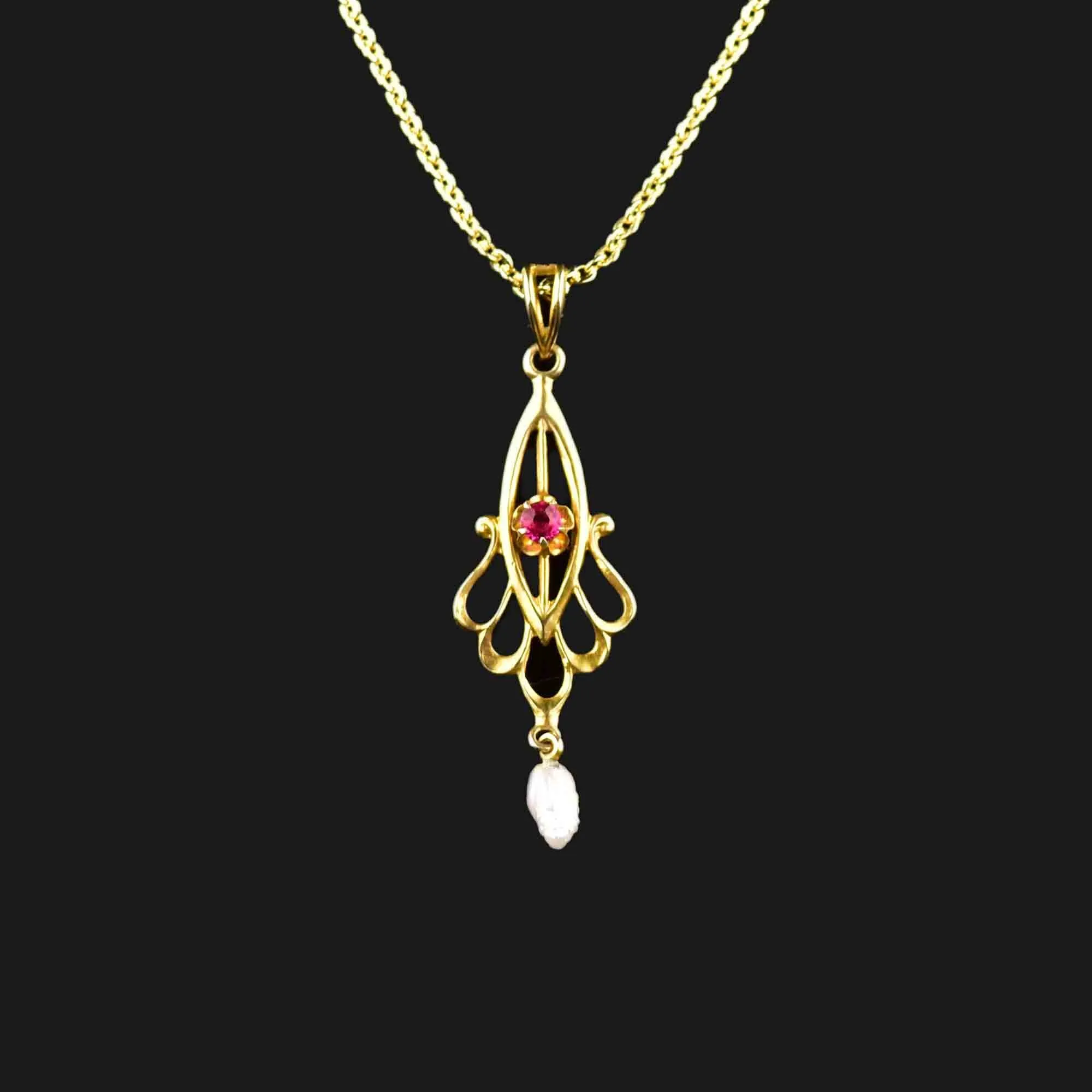 Antique 10K Gold Ruby Pearl Lavalier Pendant Necklace