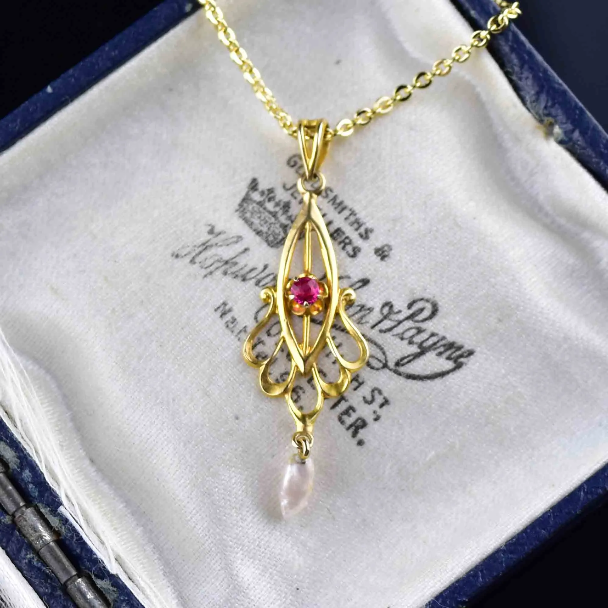 Antique 10K Gold Ruby Pearl Lavalier Pendant Necklace