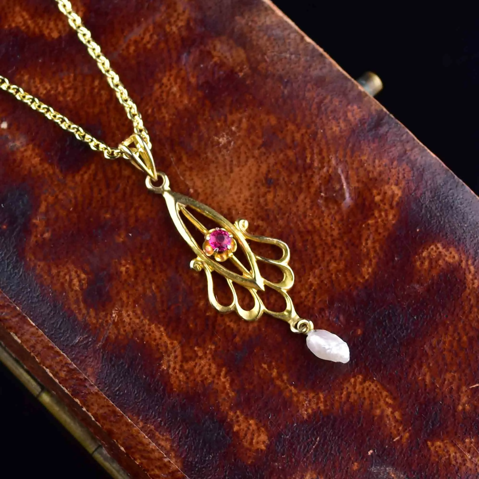 Antique 10K Gold Ruby Pearl Lavalier Pendant Necklace