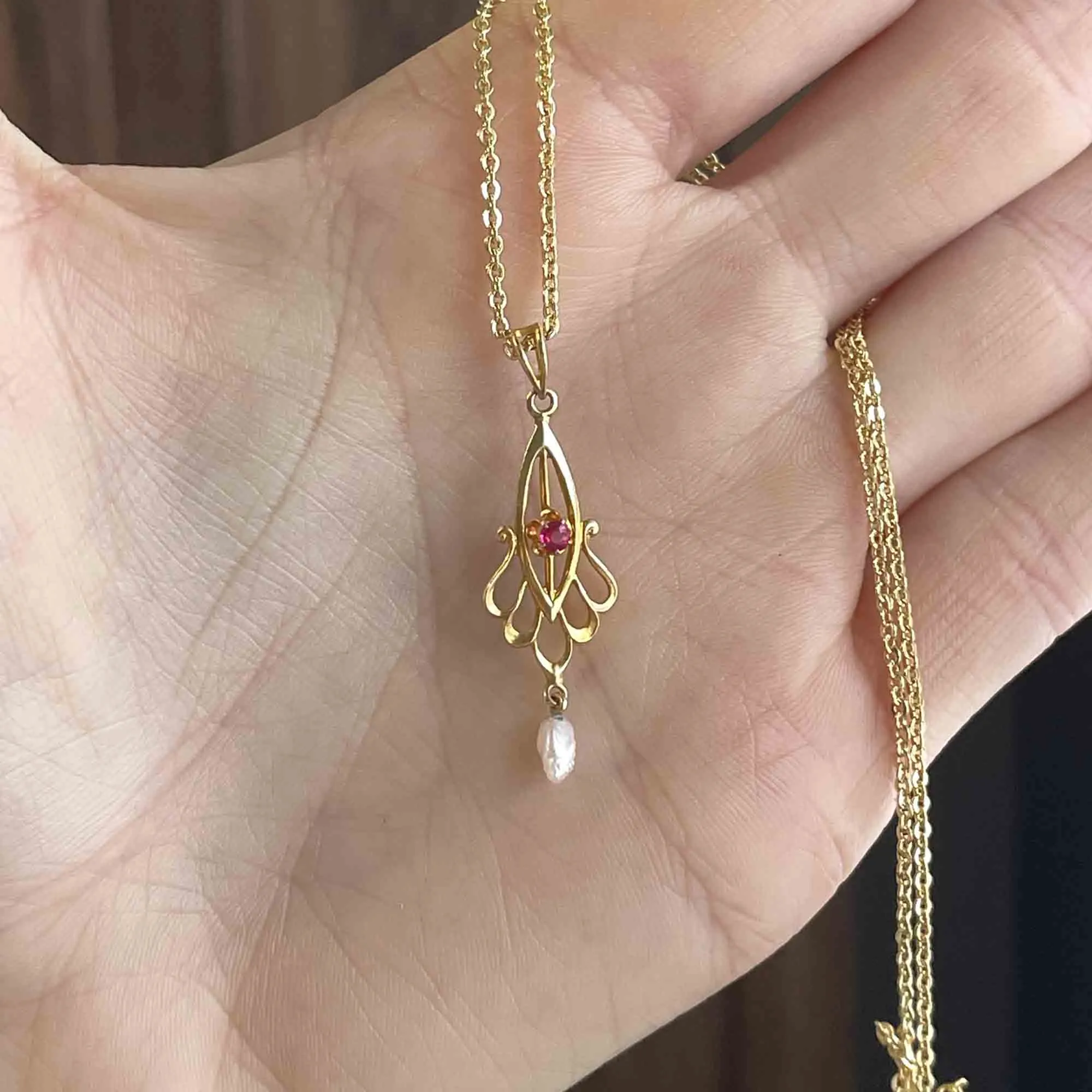 Antique 10K Gold Ruby Pearl Lavalier Pendant Necklace