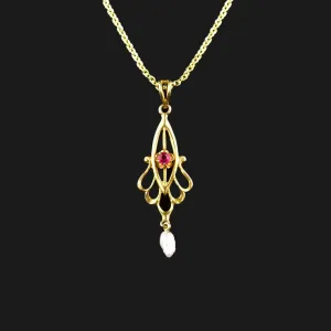 Antique 10K Gold Ruby Pearl Lavalier Pendant Necklace