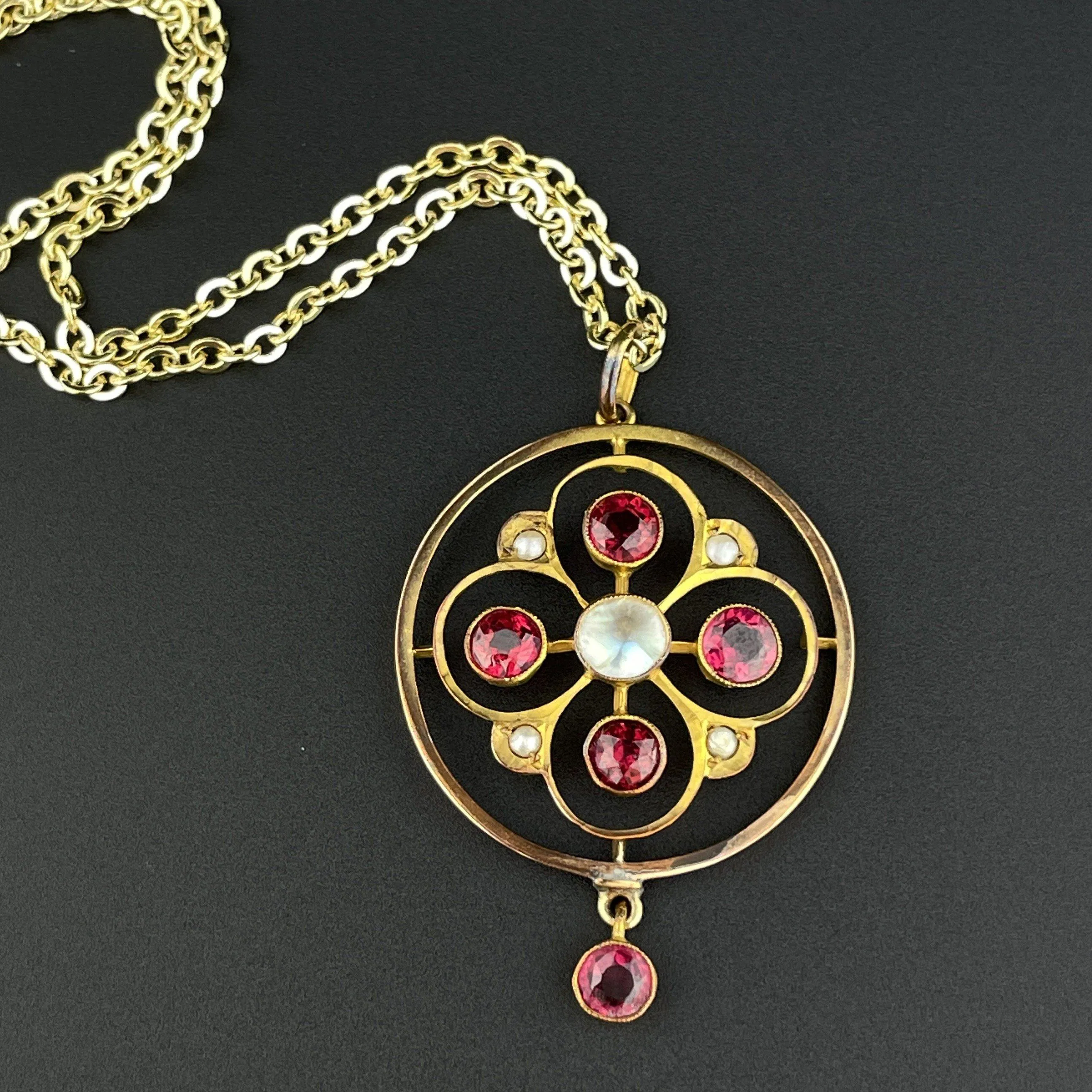 Antique Edwardian Gold Garnet Pearl Lavalier Pendant Necklace