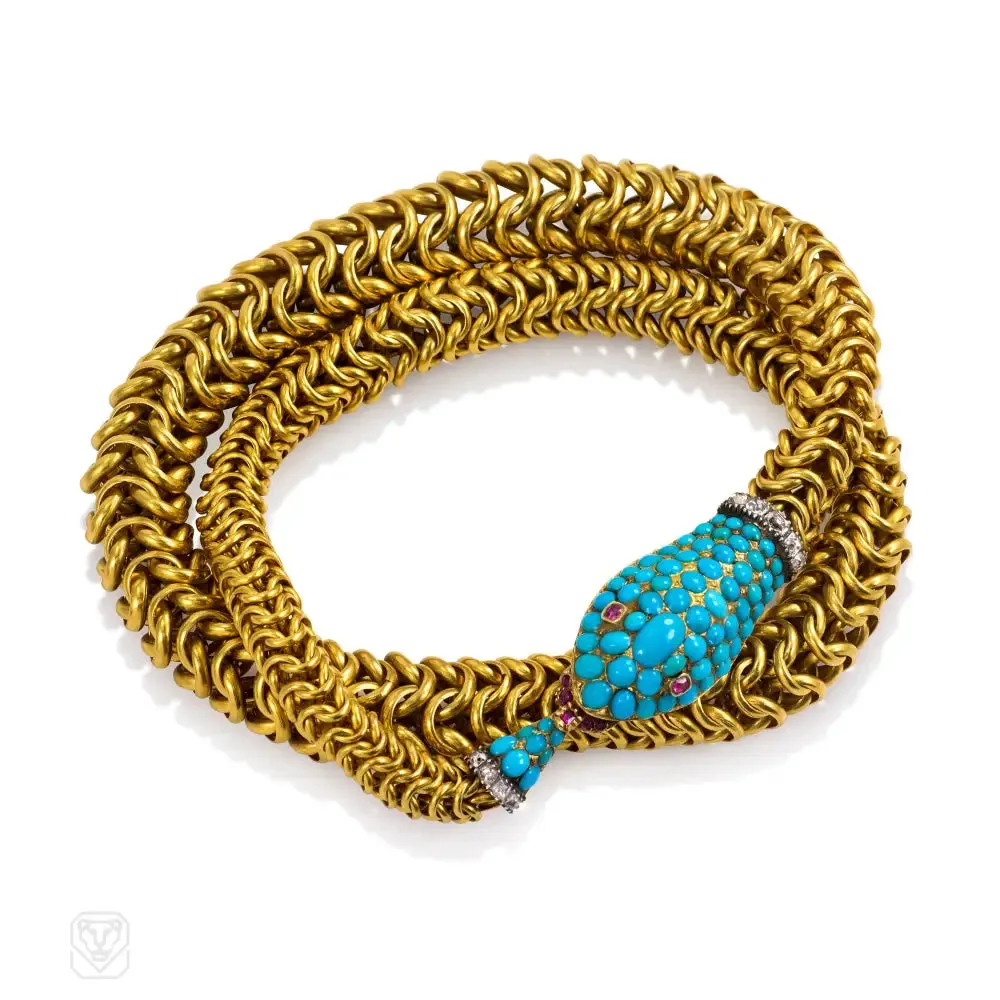 Antique gold, turquoise, and gemset Ouroboros serpent necklace