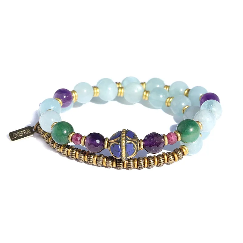 Aquamarine, Jade and Ruby Wrist Mala Bracelet