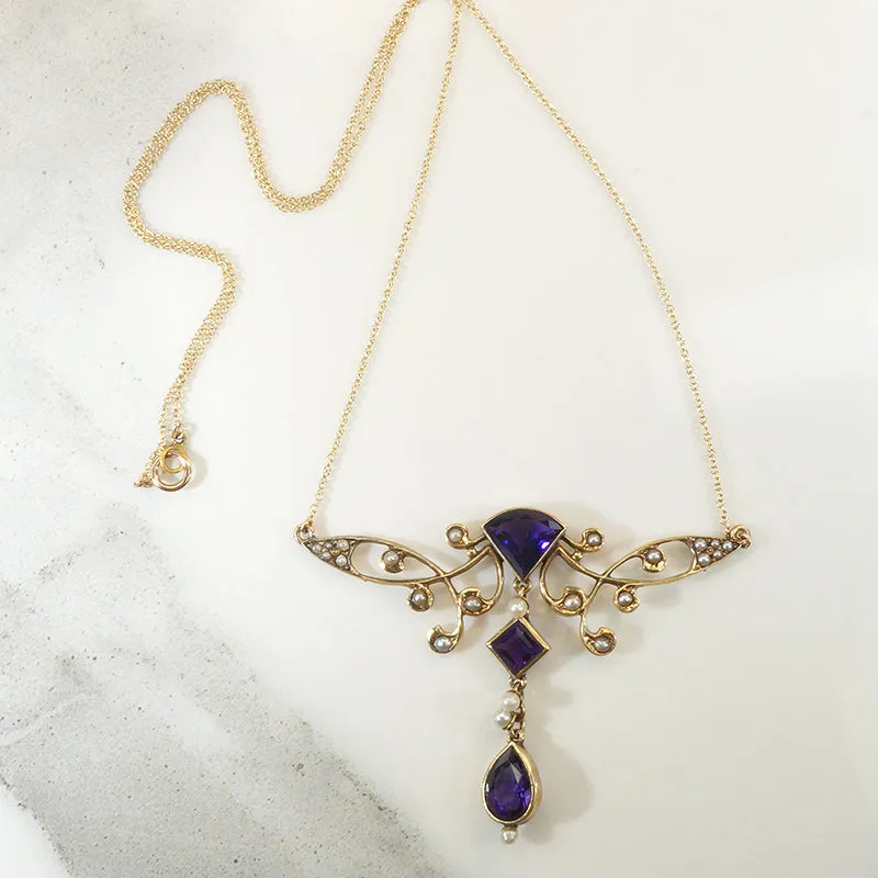 Art Nouveau Amethyst & Pearl Dragonfly Necklace