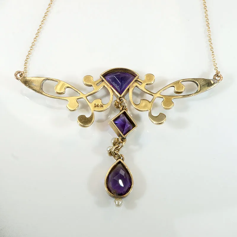 Art Nouveau Amethyst & Pearl Dragonfly Necklace