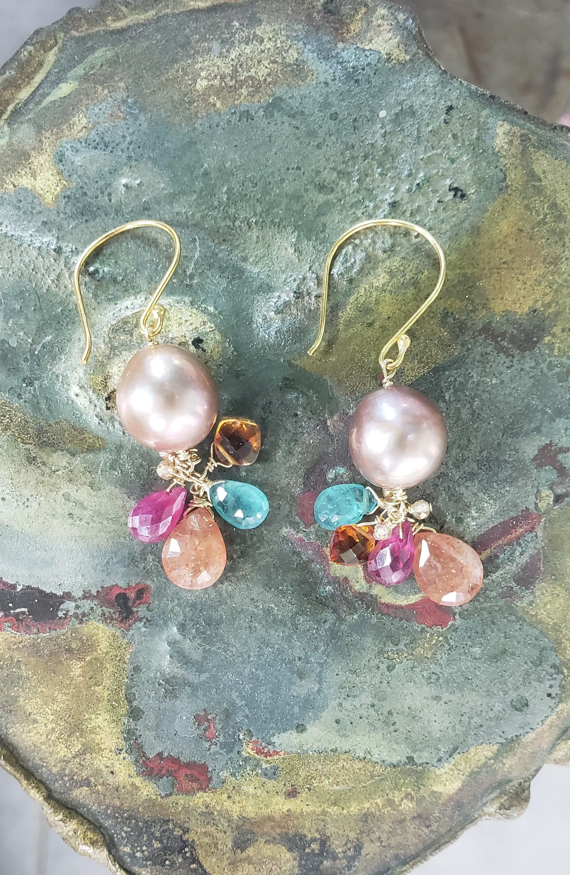 AVF Pearl, Sunstone, Citrine, Grandidierite, Ruby & Zircon Cluster Earrings (SI3774)