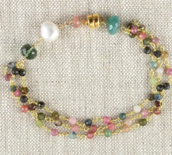 AVF White Pearl, Pink Sapphire, Grandidierite, Green Quartz, Multicolored Tourmaline Triple Strand Bracelet