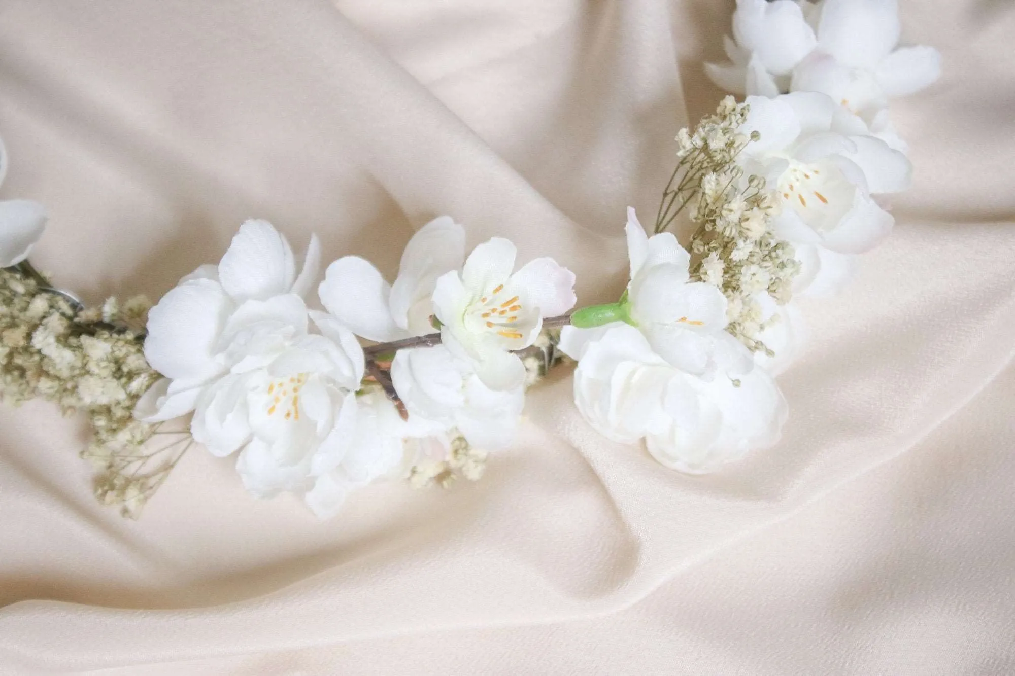 Baby's Breath & Cherry Blossom Crown, BOHO WEDDING FLOWER Crown, Cherry Blossoms Hair Accessory, White Wedding, Rustic Crown, Hair Crown