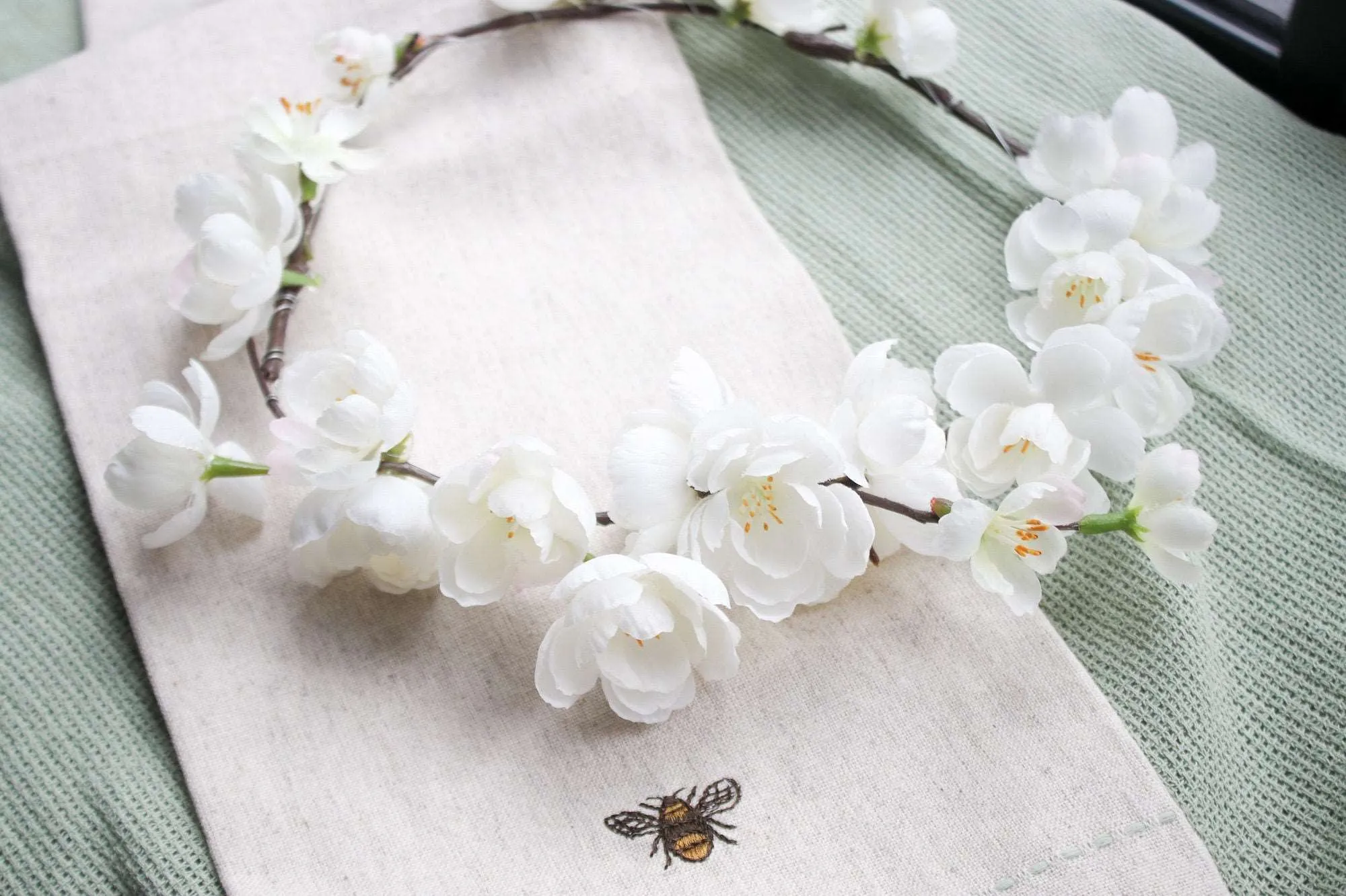 Baby's Breath & Cherry Blossom Crown, BOHO WEDDING FLOWER Crown, Cherry Blossoms Hair Accessory, White Wedding, Rustic Crown, Hair Crown