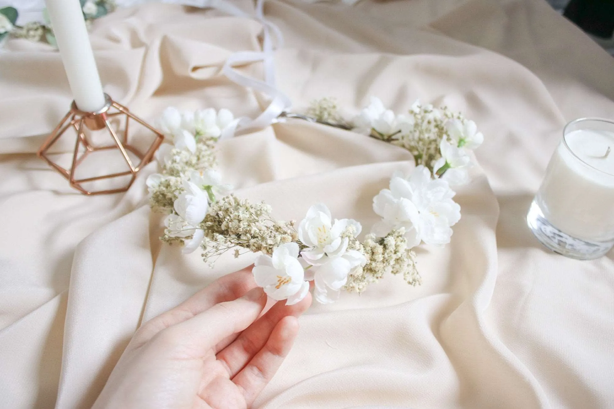 Baby's Breath & Cherry Blossom Crown, BOHO WEDDING FLOWER Crown, Cherry Blossoms Hair Accessory, White Wedding, Rustic Crown, Hair Crown