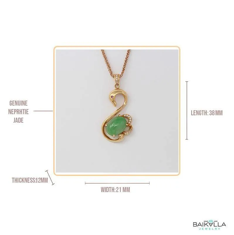 Baikalla™ "Love Swan" 18k Rose Gold Genuine Burmese Imperial Jadeite Swan Pendant Necklace With AA Ruby & SI Diamonds