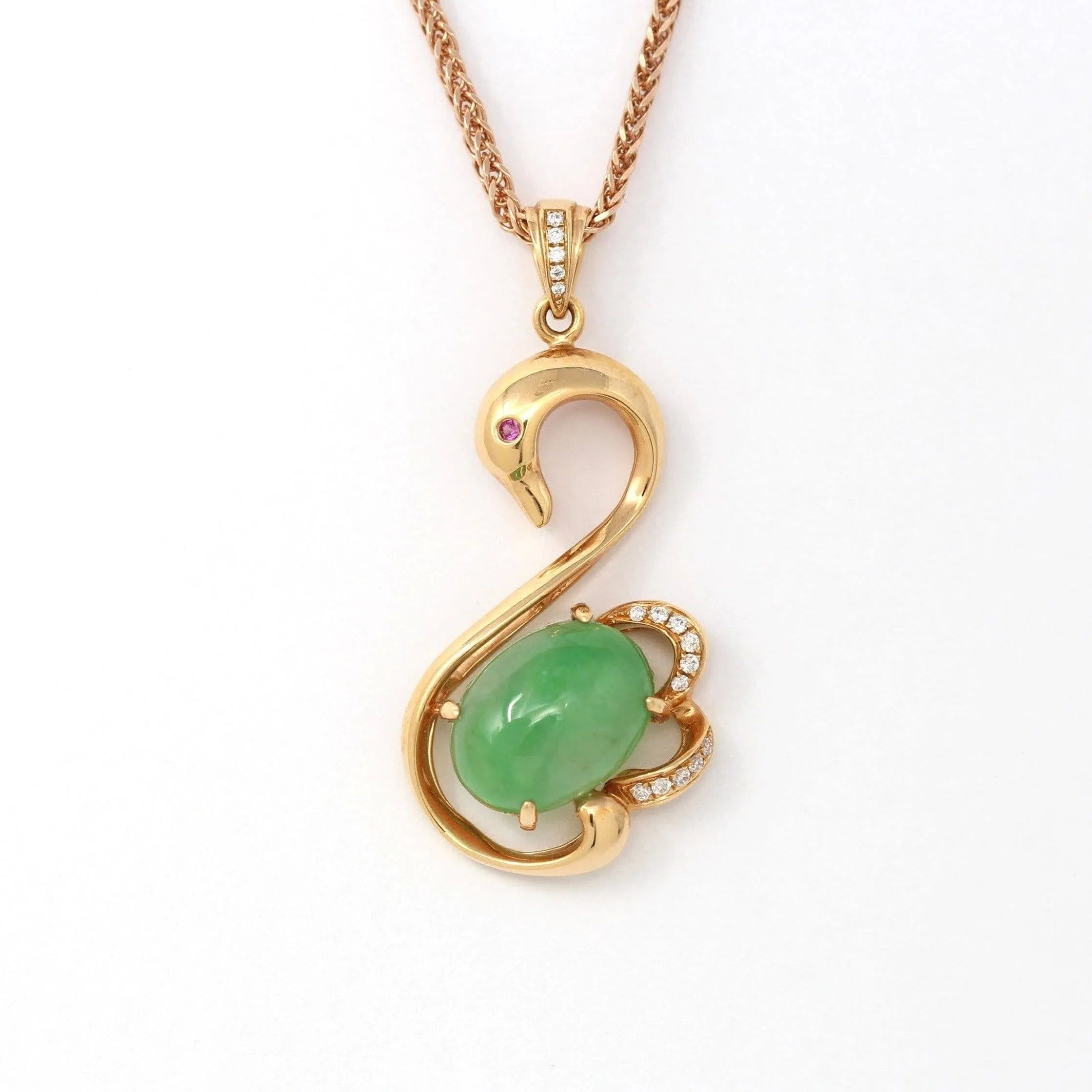 Baikalla™ "Love Swan" 18k Rose Gold Genuine Burmese Imperial Jadeite Swan Pendant Necklace With AA Ruby & SI Diamonds