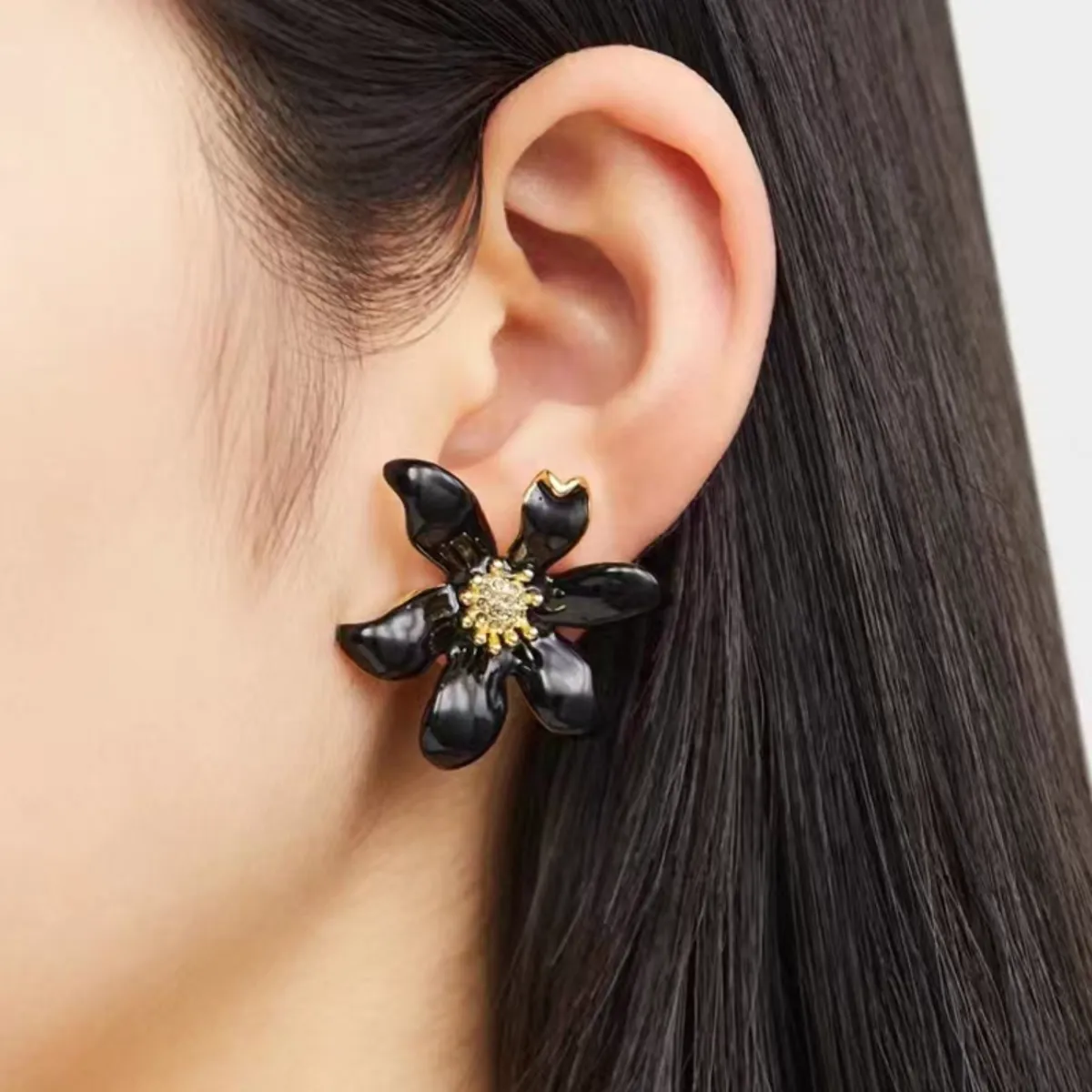 Black Enamel Glaze Lily Crystal Gold-Plated Earring, Bracelet,Necklace-i7bags