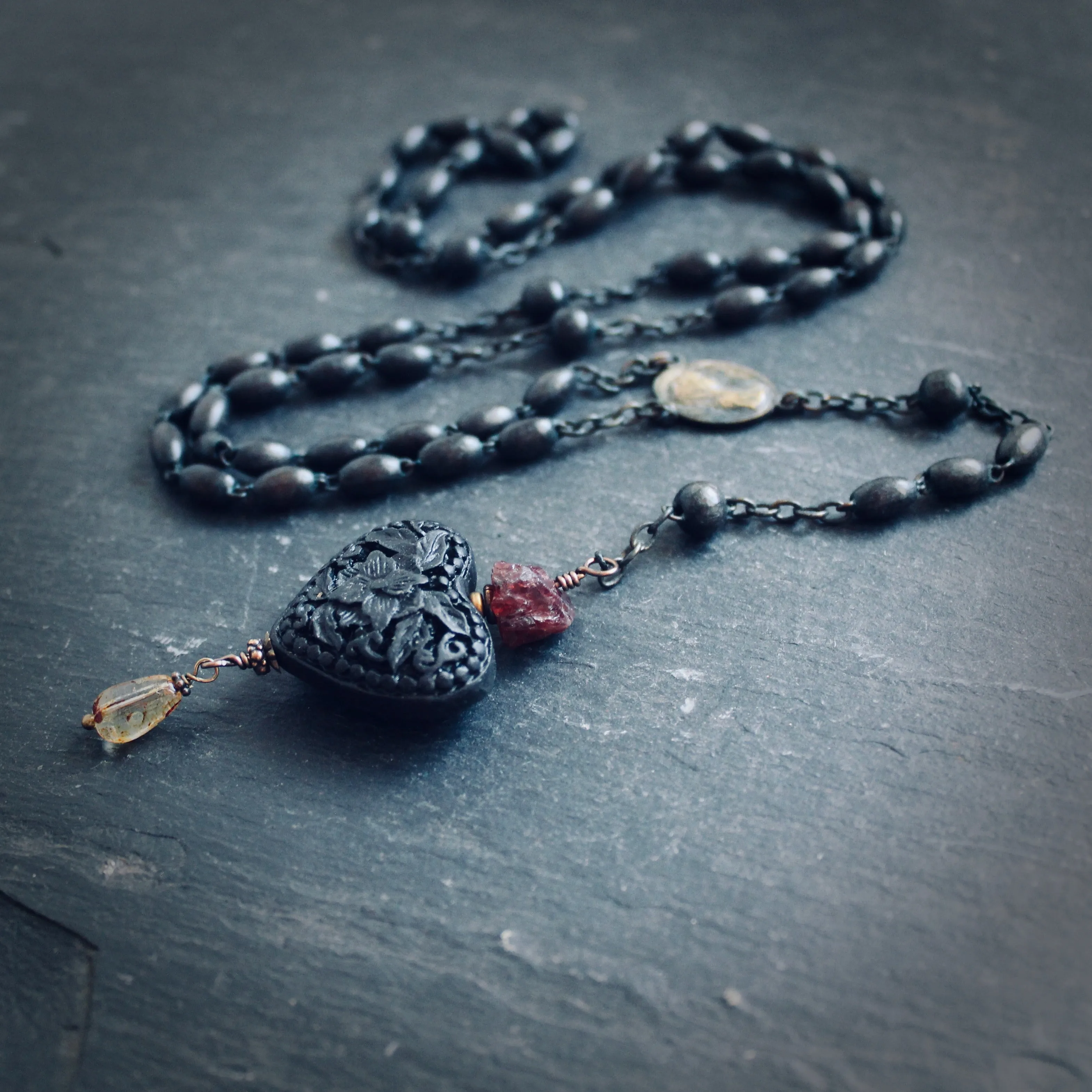 Black Hearted Love Gothic Rosary Necklace