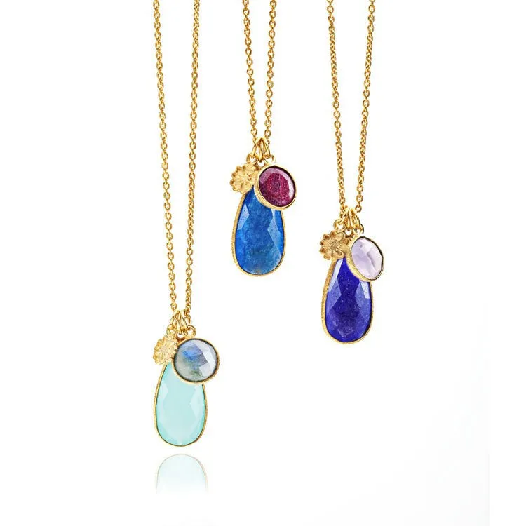 Blue Chalcedony & Ruby Teardrop Pendant Necklace