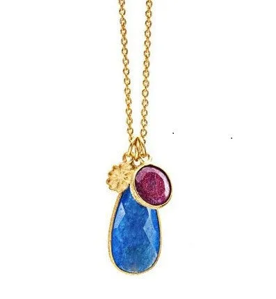 Blue Chalcedony & Ruby Teardrop Pendant Necklace