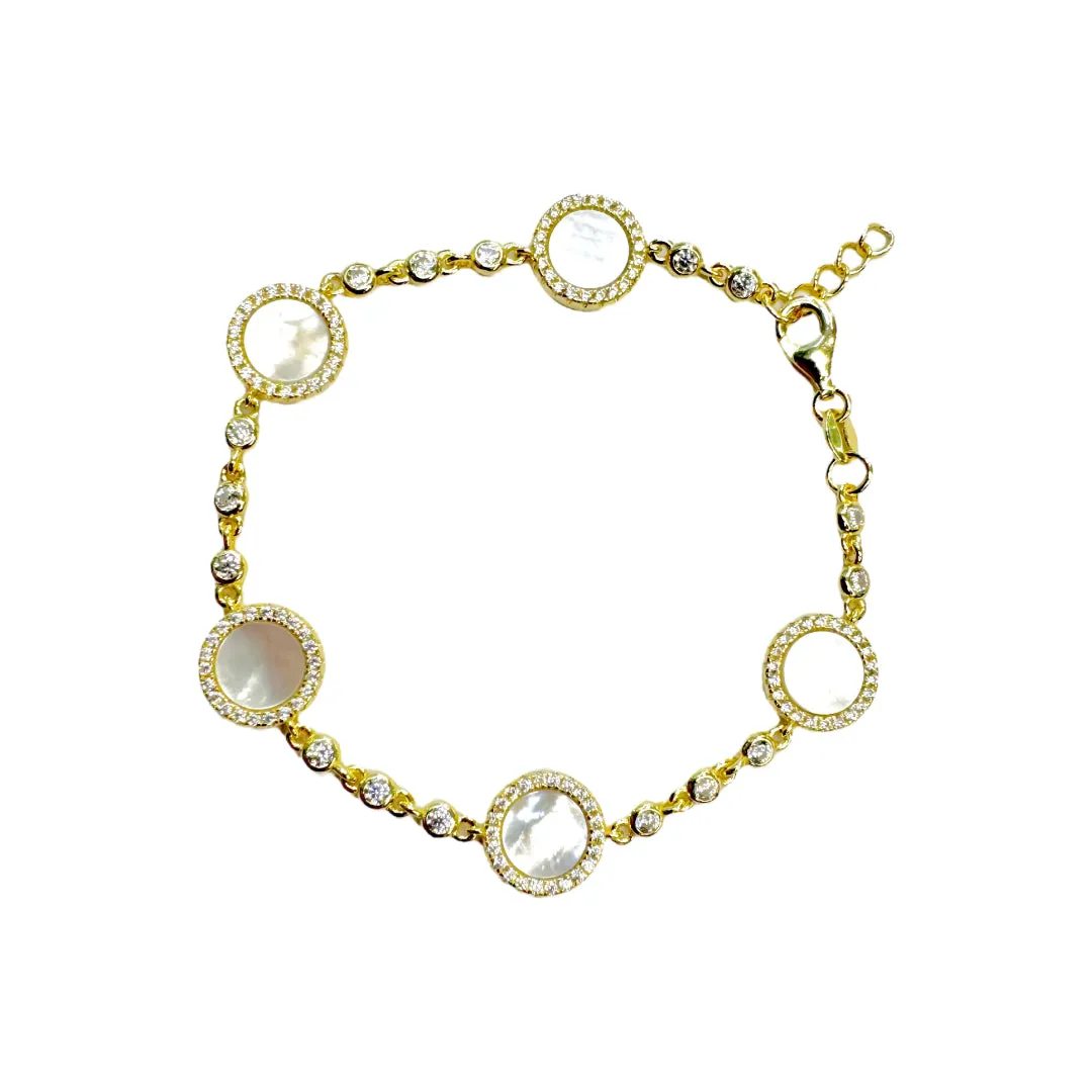 Bracelet with 5 Mother of Pearl Discs with CZ Besel - Gold or Silver