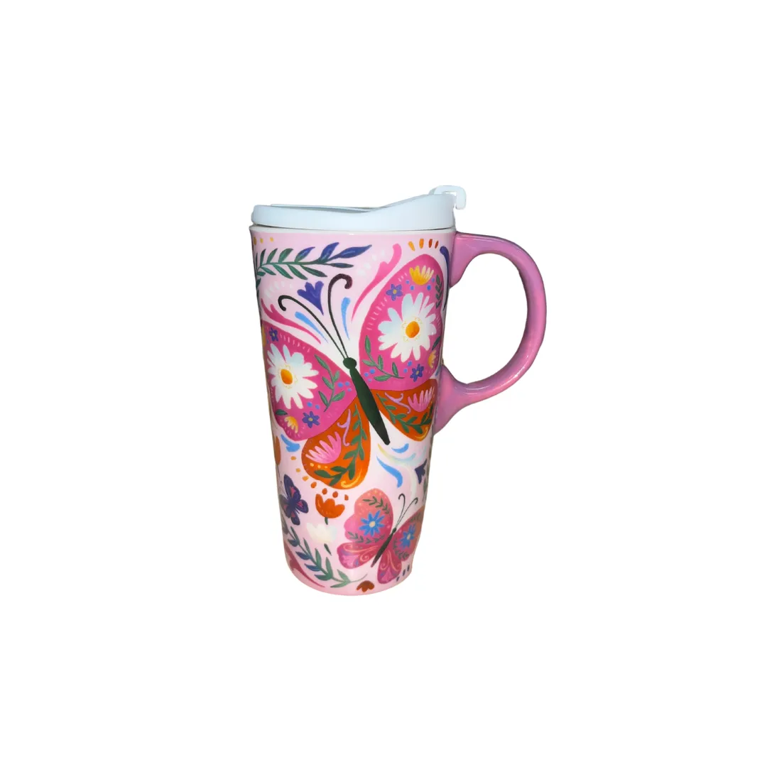 Ceramic Travel Cup 17 OZ Floral Butterfly