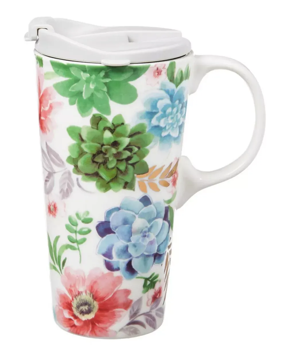 Ceramic Travel Cup 17 OZ Fresh Succulents