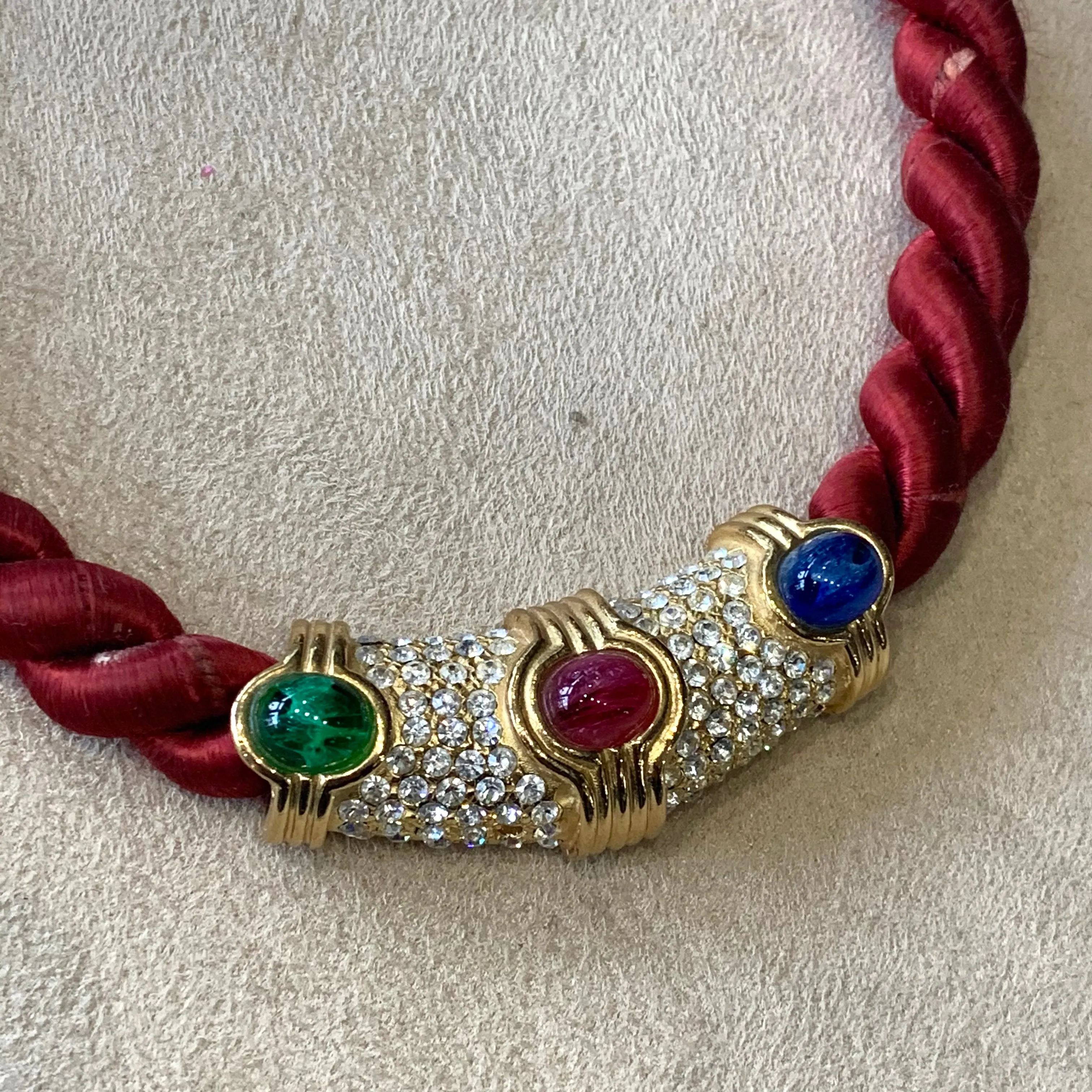 Christian Dior emerald ruby sapphire glass necklace on red cord