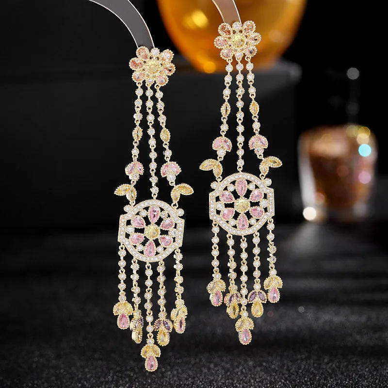 colored zircon flowers, long water drop tassel earrings