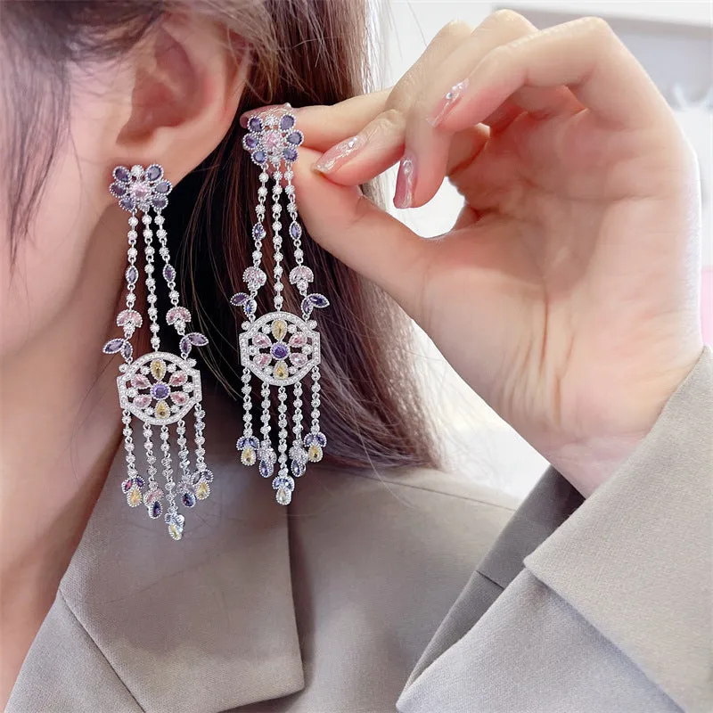 colored zircon flowers, long water drop tassel earrings