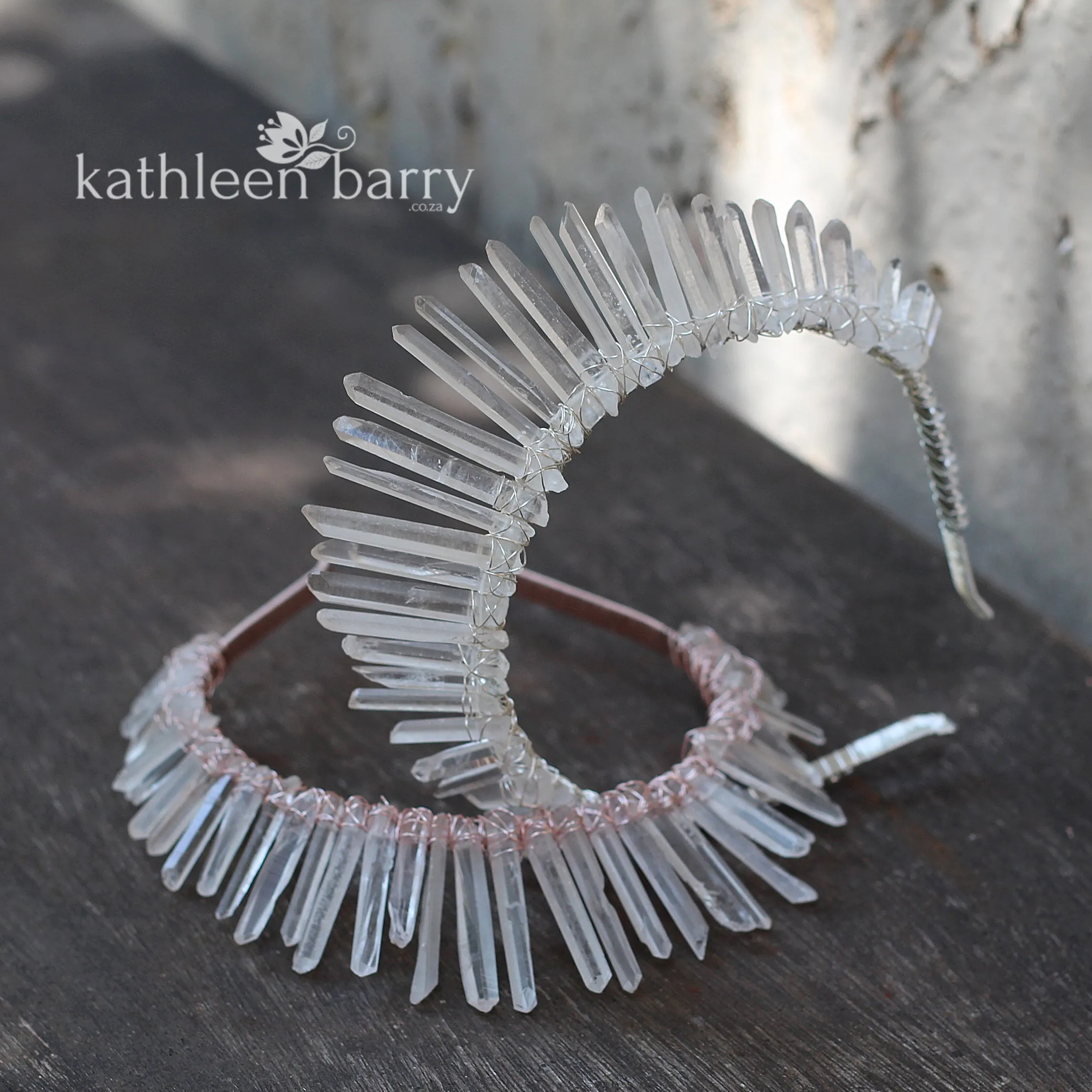 Crystal quartz bridal crown with rose gold, gold or silver wirework (more even grading fine points)