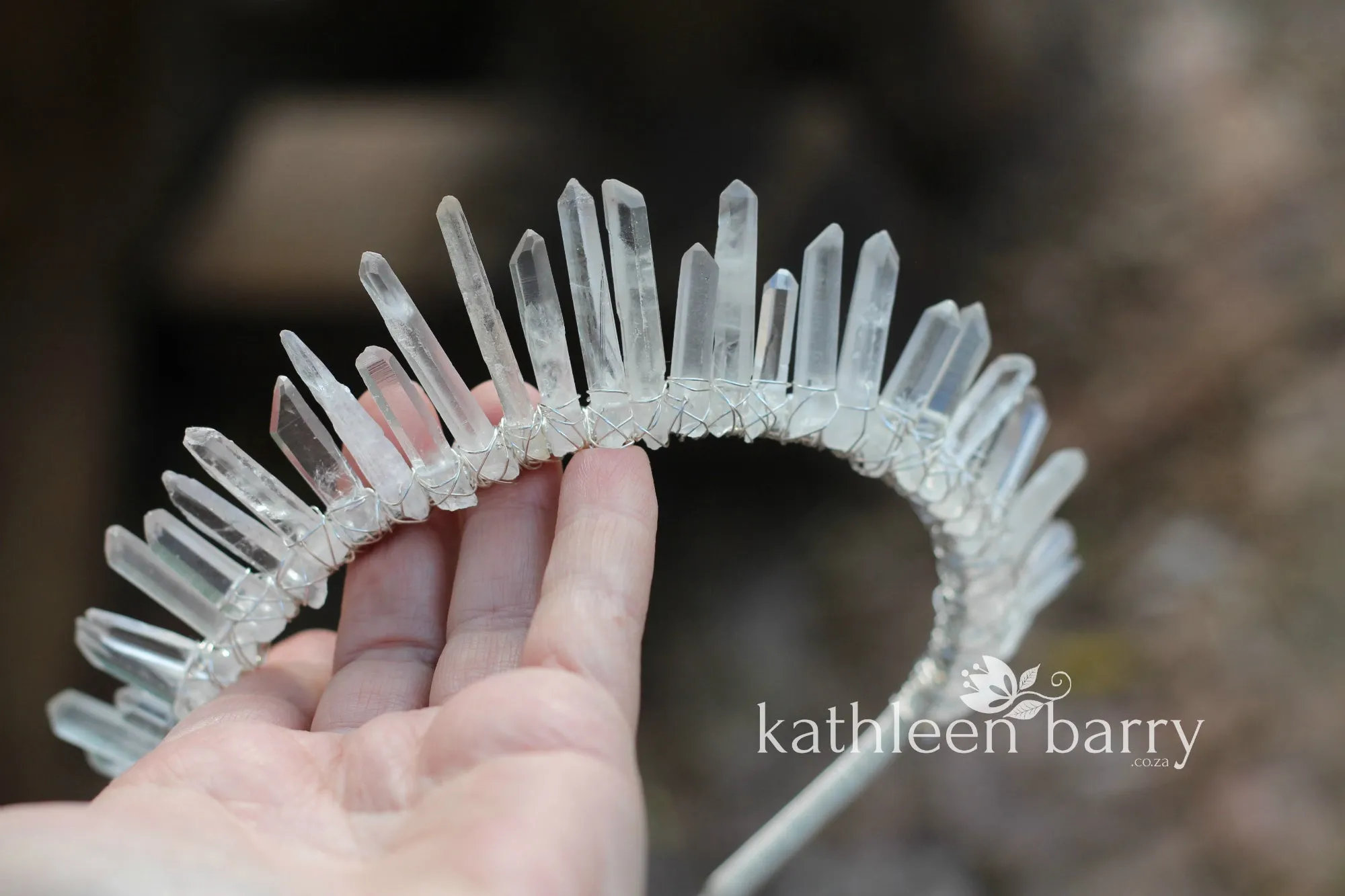 Crystal quartz bridal crown with rose gold, gold or silver wirework (more even grading fine points)