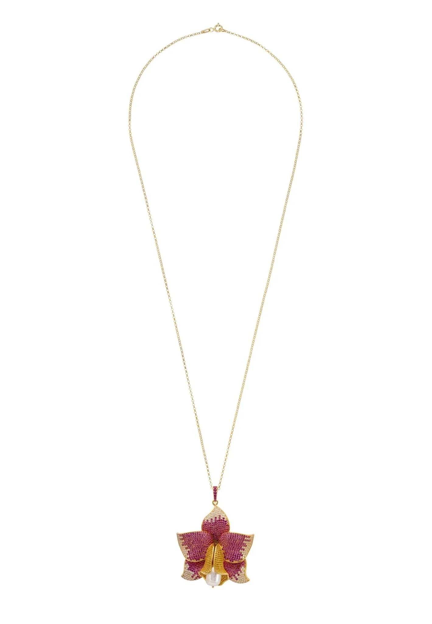 Daffodil With Pearl Pendant Necklace Gold Ruby CZ