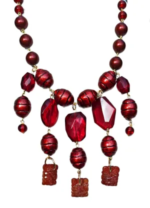 Deep Red Garnet Glass   Vintage Cotton Pearl Art Necklace Gay Isber USA 1 of 1