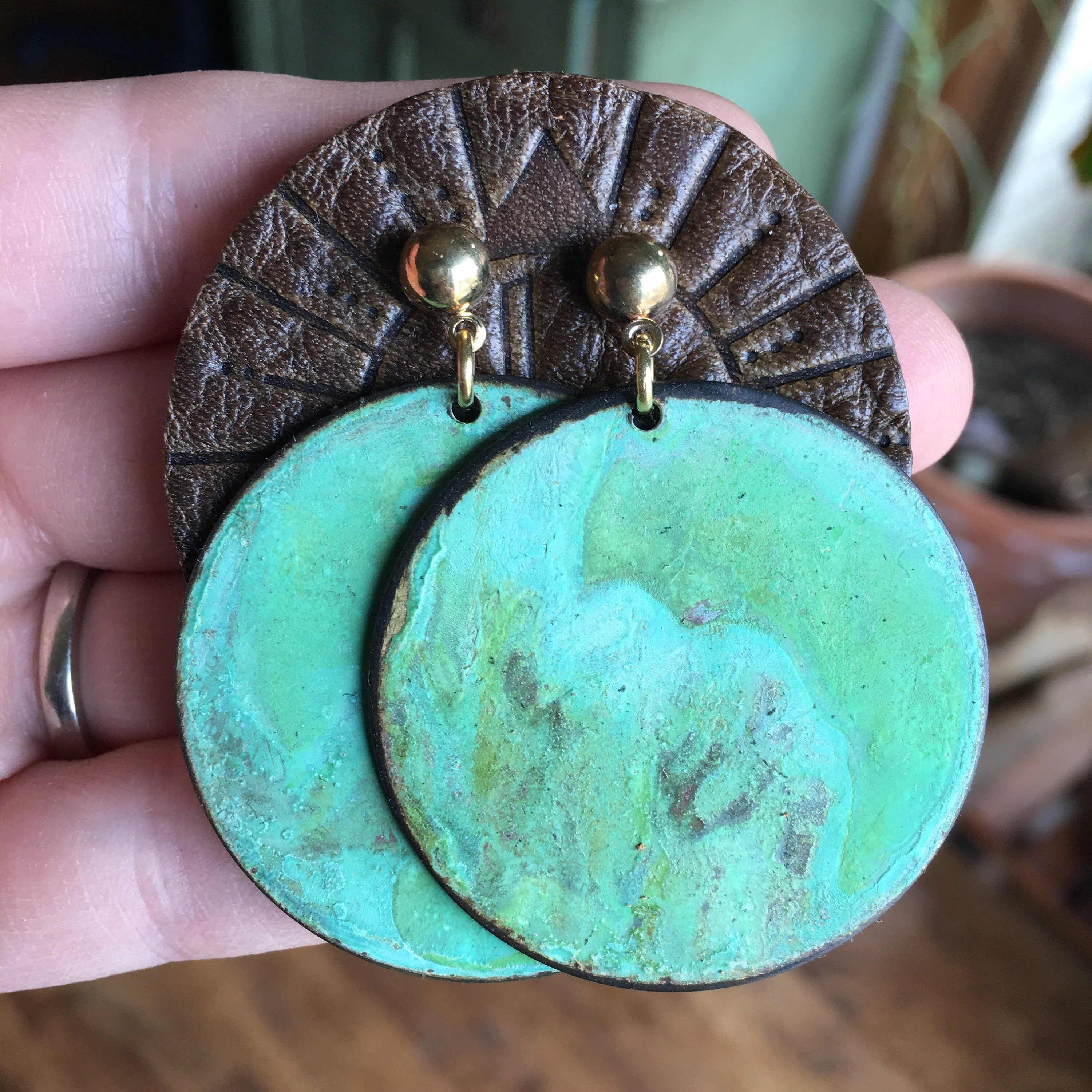 Edgy Boho Earrings - Teal Green Verdi Gris Patina - Large Circle Moon Earrings